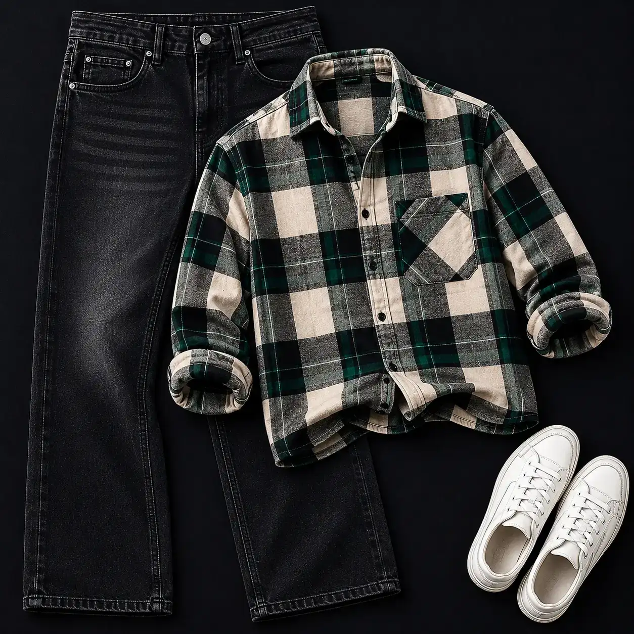 Rugged Green Checkered Flannel Shirt and Washed Black Jeans Outfit - Image 4