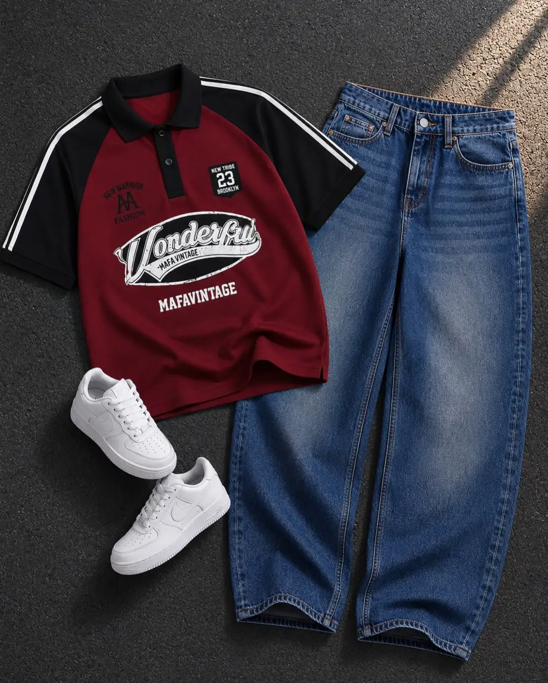 Men’s Vintage Graphic Polo T-Shirt with Blue Baggy Jeans Combo | Casual Streetwear Outfit for Men - Image 4