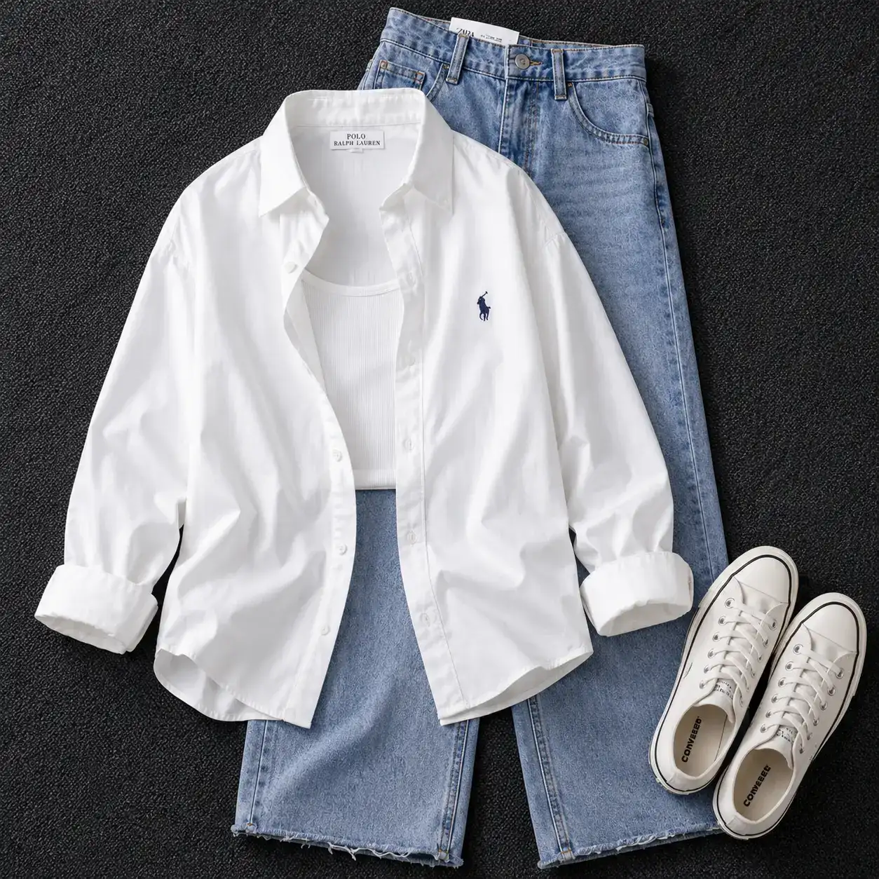 Minimalist White Button-Down Shirt and Light Wash Blue Jeans Set