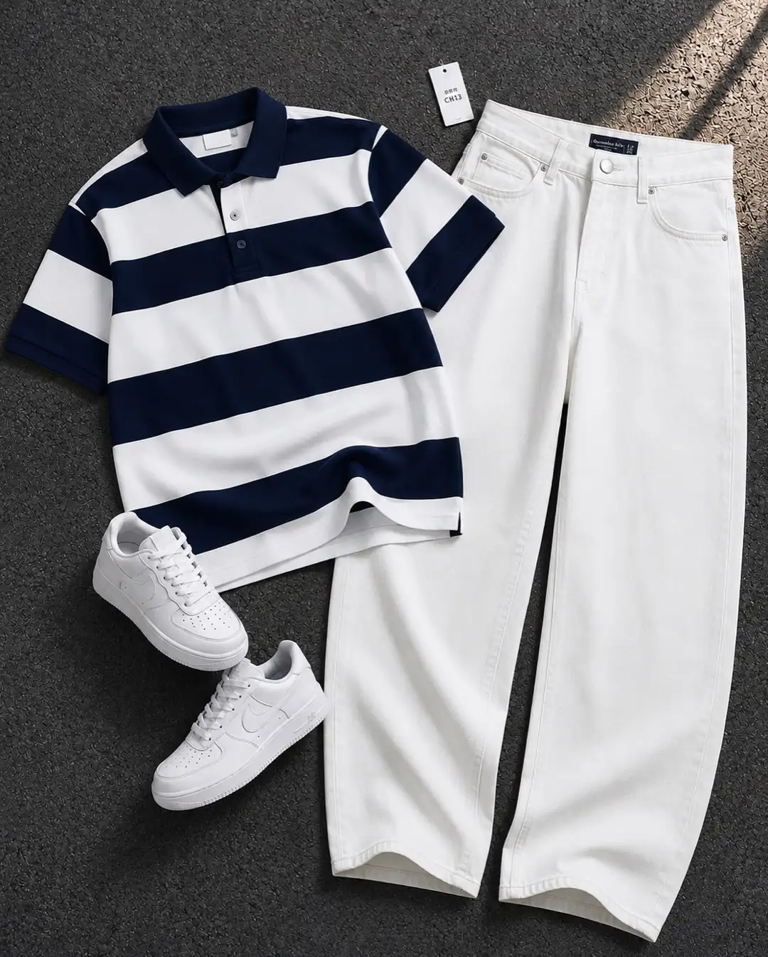 Men’s Vintage Graphic Polo T-Shirt with Blue Baggy Jeans Combo | Casual Streetwear Outfit for Men - Image 3