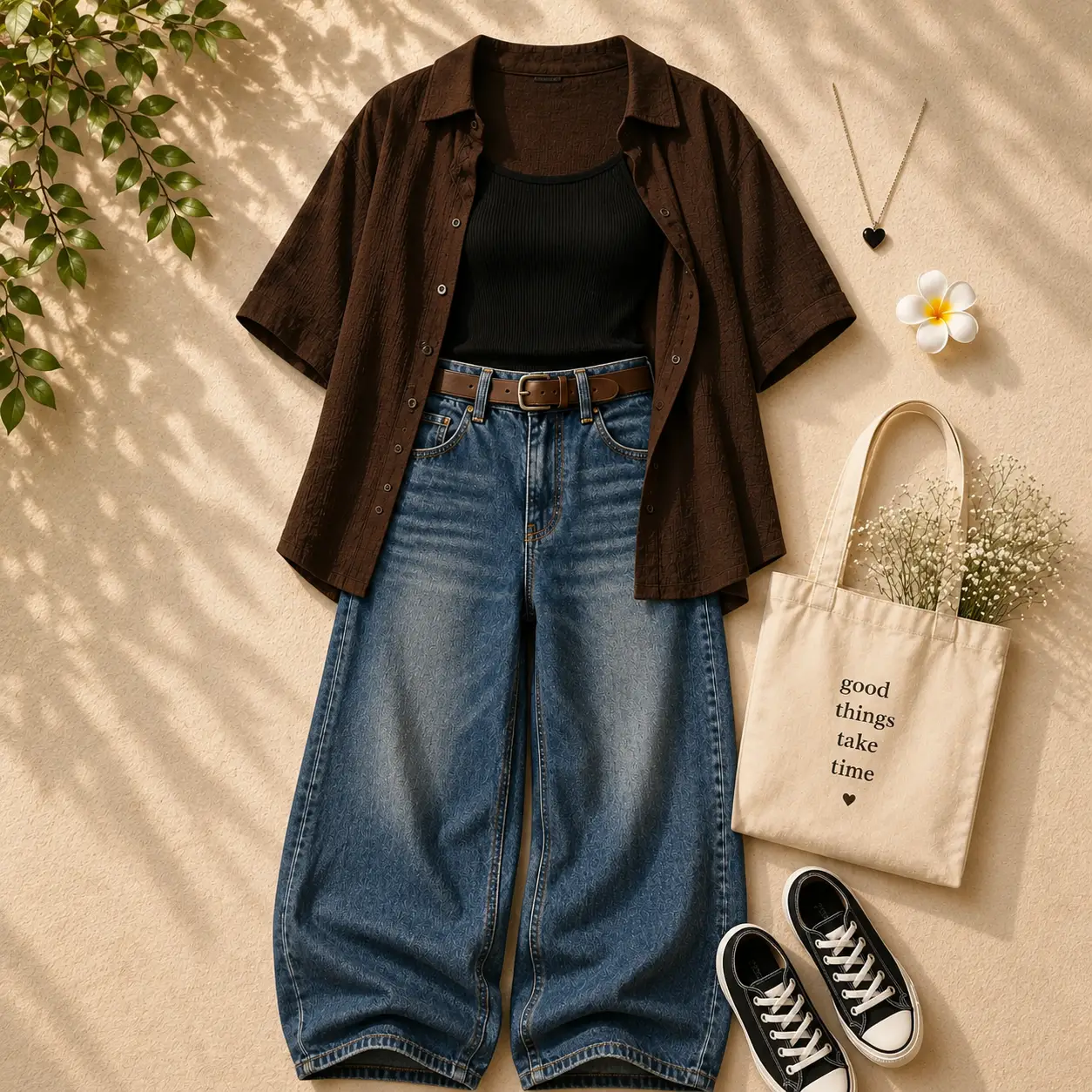 Chic Pink Striped Overshirt, Black Camisole, and Wide-Leg Jeans 3-Piece Set - Image 3