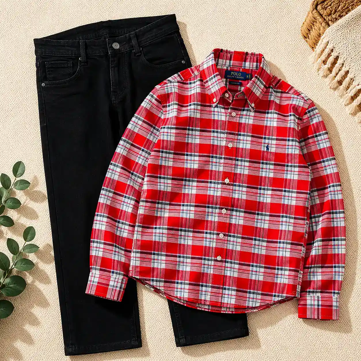 Pastel Plaid Button-Down Shirt and Khaki Trousers Ensemble - Image 6
