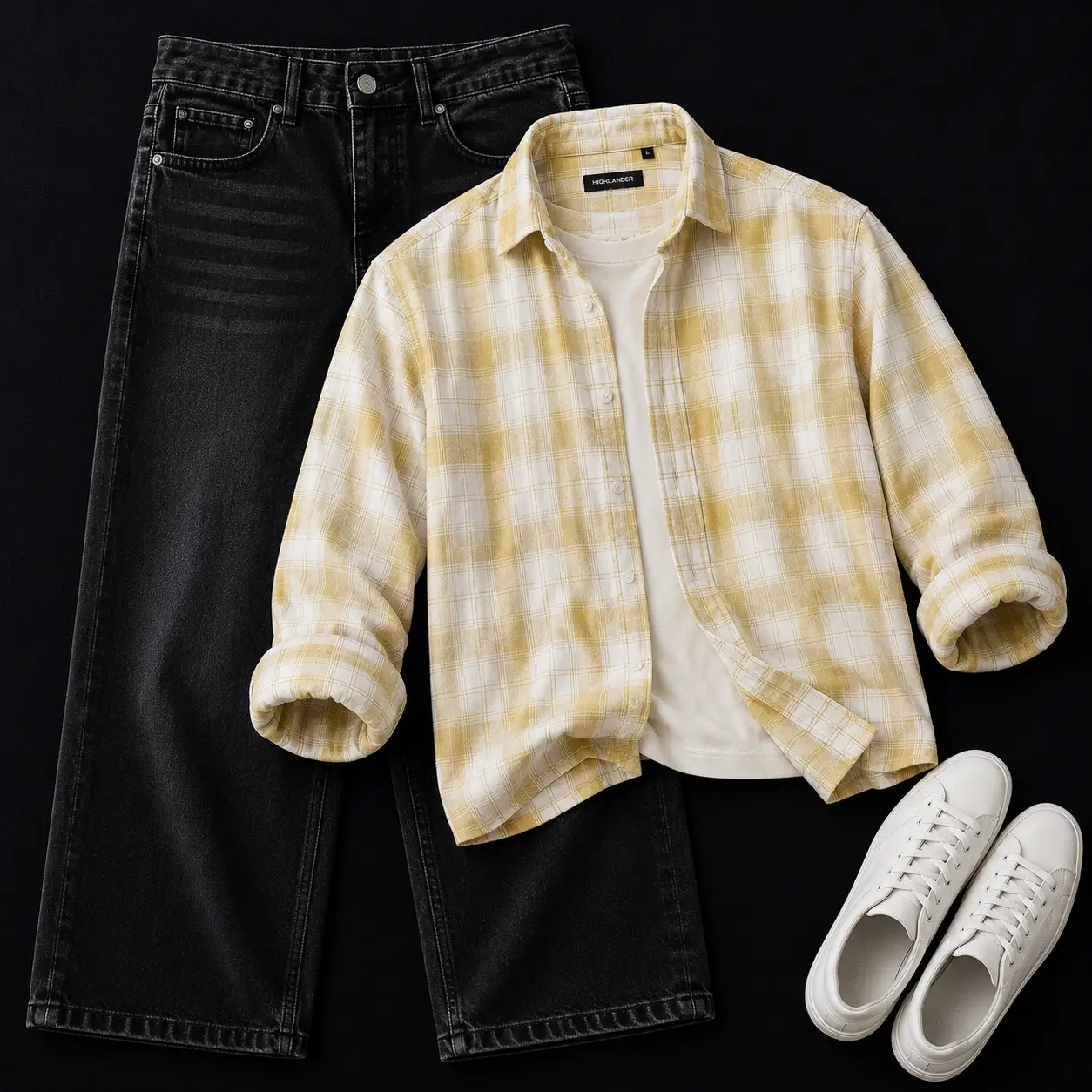 Trendy Green and Beige Plaid Flannel with Washed Black Jeans Combo - Image 3
