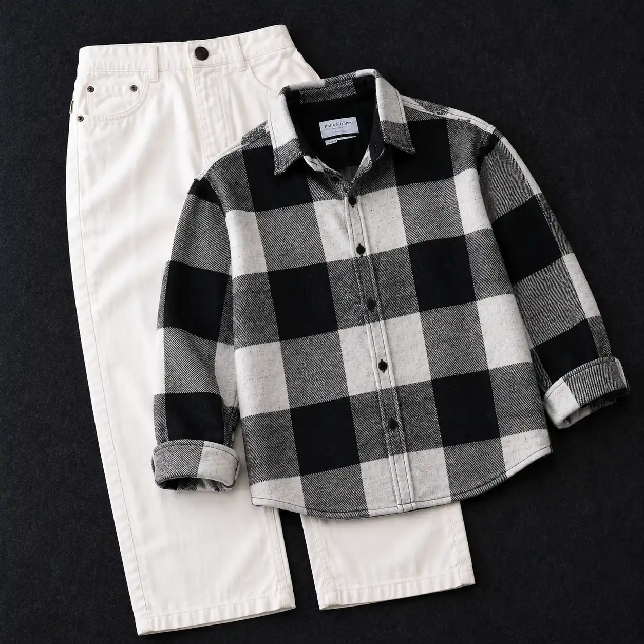 Classic Blue and White Checkered Shirt with White Denim Set - Image 3