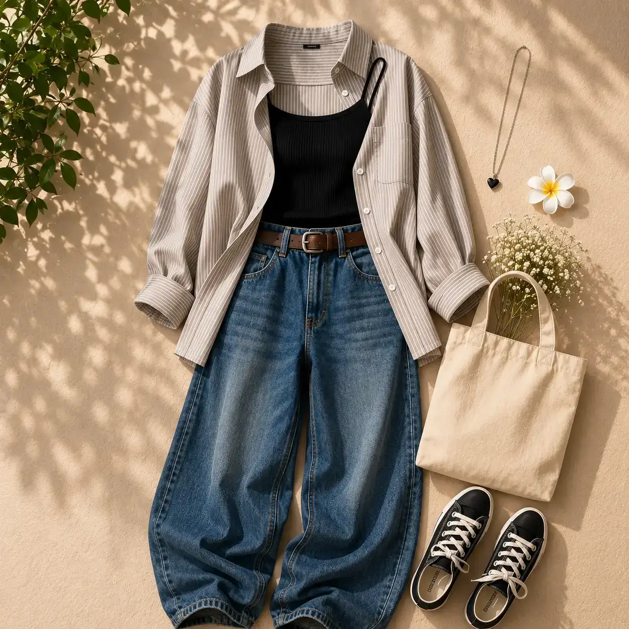 Chic Pink Striped Overshirt, Black Camisole, and Wide-Leg Jeans 3-Piece Set - Image 4