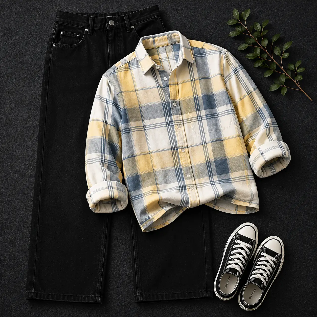 Rugged Green Checkered Flannel Shirt and Washed Black Jeans Outfit - Image 3