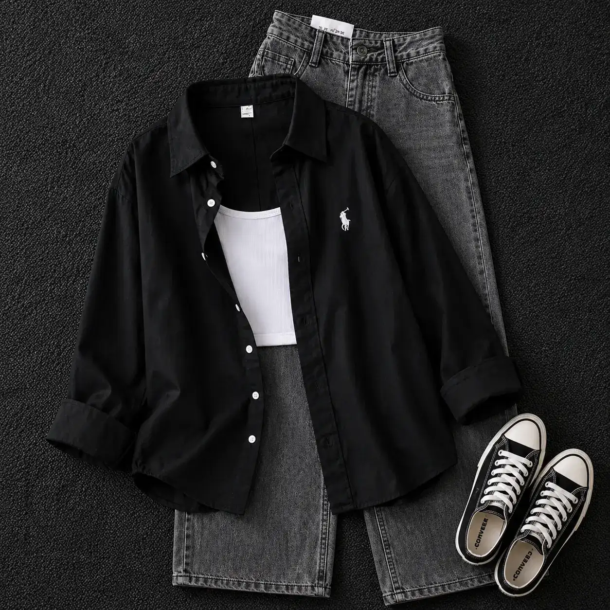 Minimalist White Button-Down Shirt and Light Wash Blue Jeans Set - Image 2