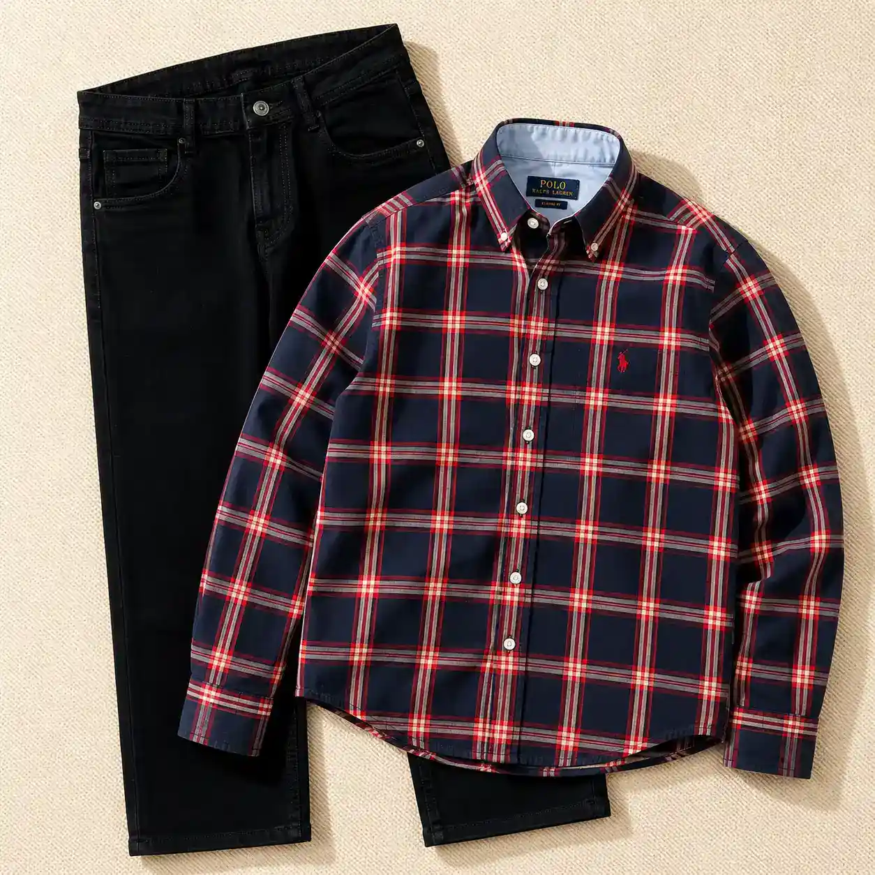 Pastel Plaid Button-Down Shirt and Khaki Trousers Ensemble - Image 3