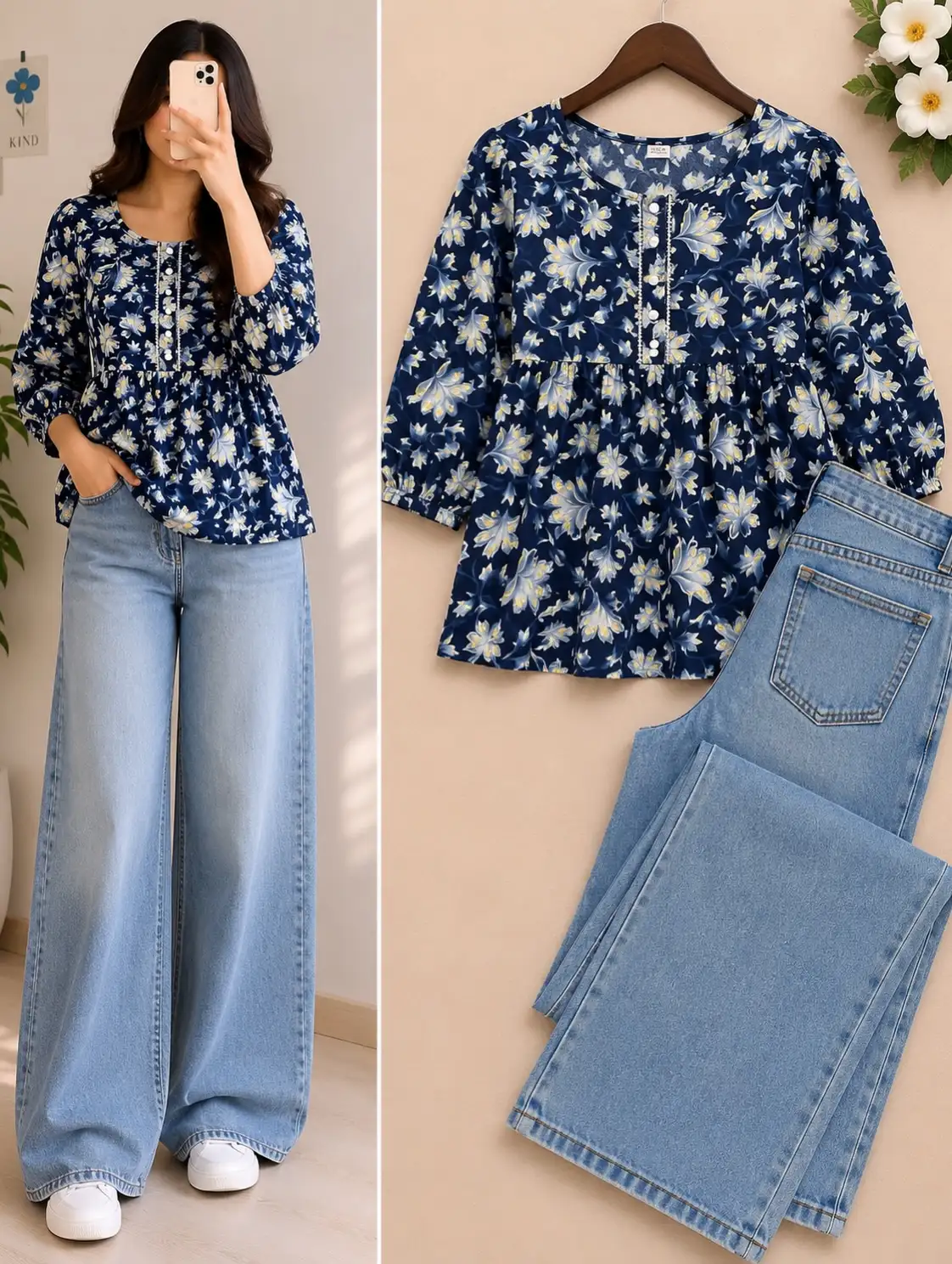 Women’s Floral Printed Peplum Top with Wide Leg Denim Jeans Co-Ord Set