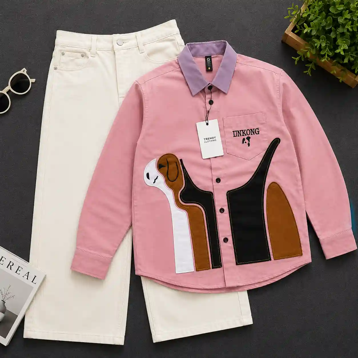 Quirky Abstract Dog Print Shirt and Cream Wide-Leg Pants Set - Image 5