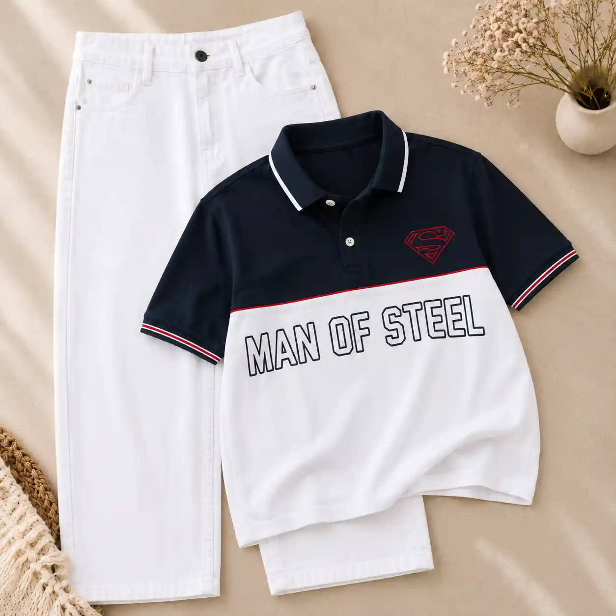 Superman Color-Block Polo and White Jeans Set - Image 2