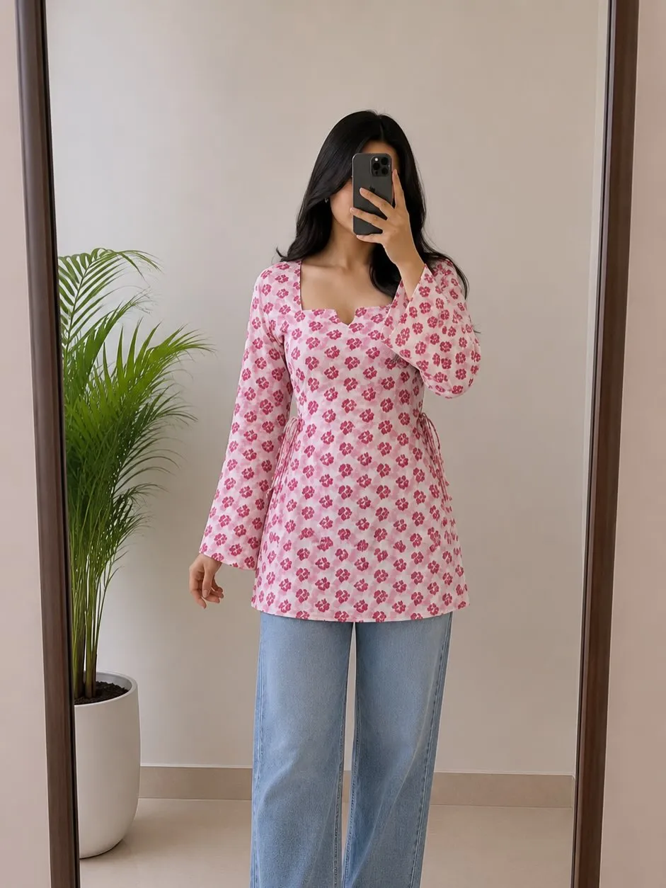 Blue Floral Printed Long Sleeve Tunic Top - Image 2