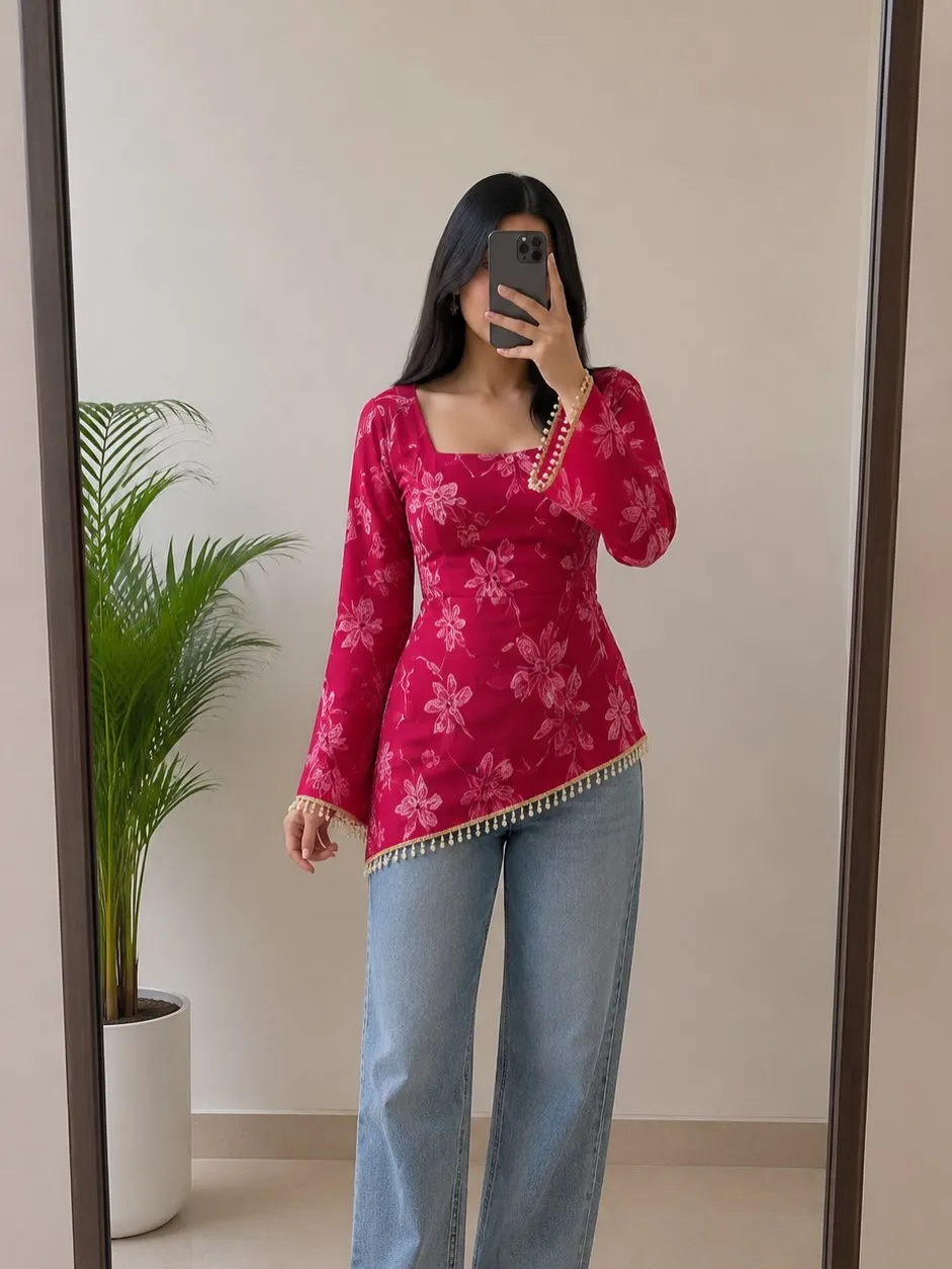 Blue Floral Printed Long Sleeve Tunic Top - Image 4