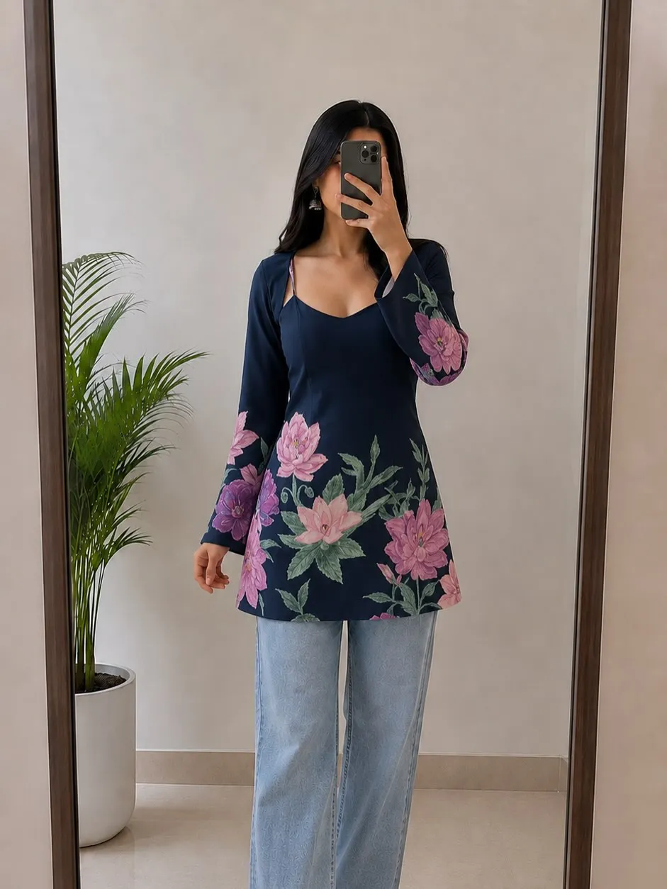 Blue Floral Printed Long Sleeve Tunic Top - Image 3