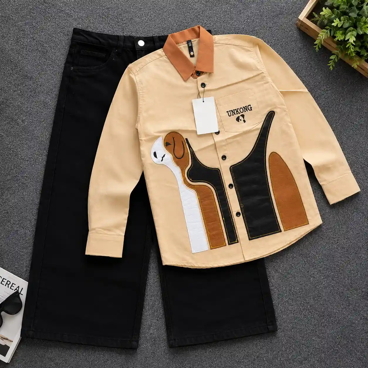 Quirky Abstract Dog Print Shirt and Cream Wide-Leg Pants Set - Image 3