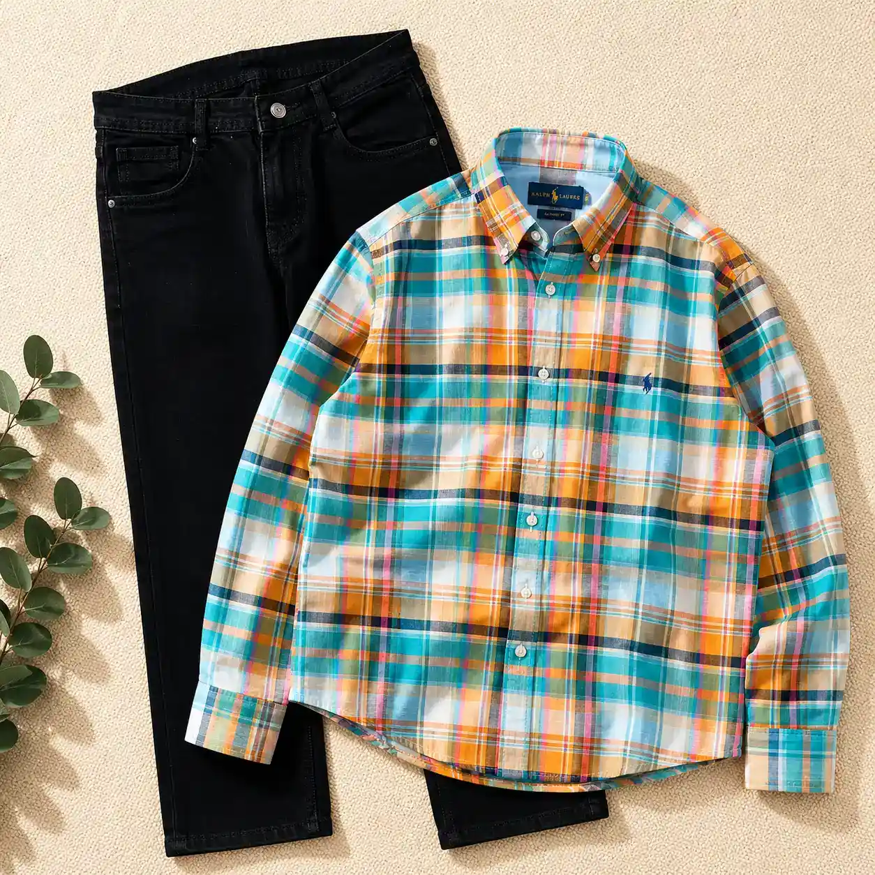 Pastel Plaid Button-Down Shirt and Khaki Trousers Ensemble - Image 4
